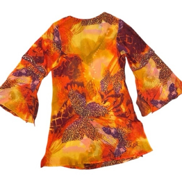 Vibrant Orange Yellow Women's Beach Coverup colorful boho butterflies Size S - Picture 6 of 9